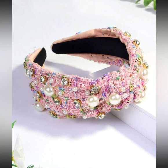 Women's Retro Pink Plaid Knit Headband With Fabric Bow & Pearl Decor - Picture 2 of 2